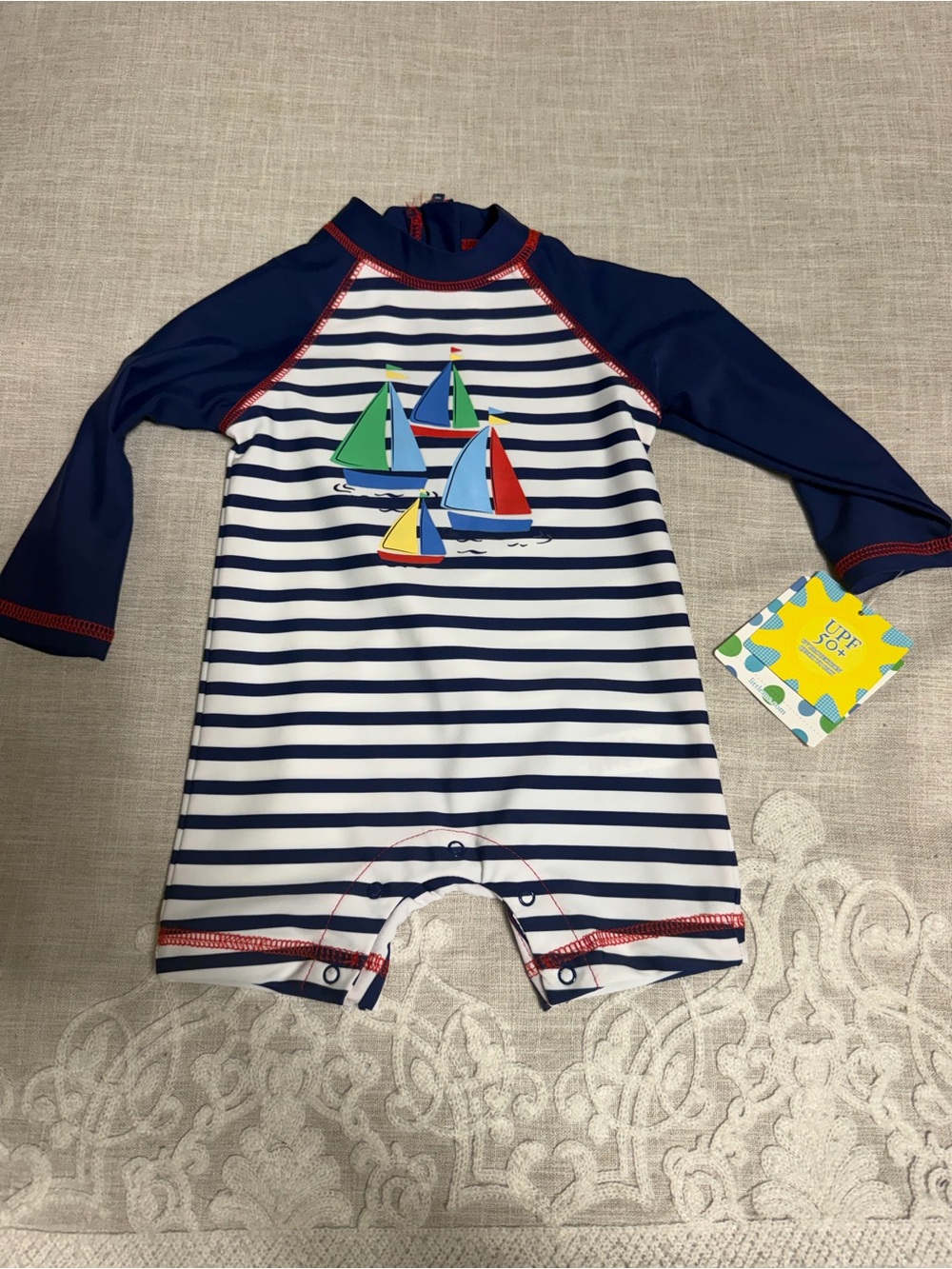 Little Me Navy White Striped Sailboat Rashguard